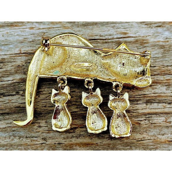 Vintage Cat with Dangle Kittens Brooch Gold tone - Picture 6 of 6